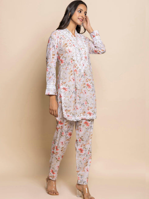 Fizaa Chikankari Co-ord set in Printed Rayon Cotton for Women- White Mulberry